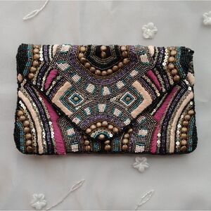 EUC Multicolored Handmade India Glass Beaded Boho Cotton & Leather Snap Clutch
